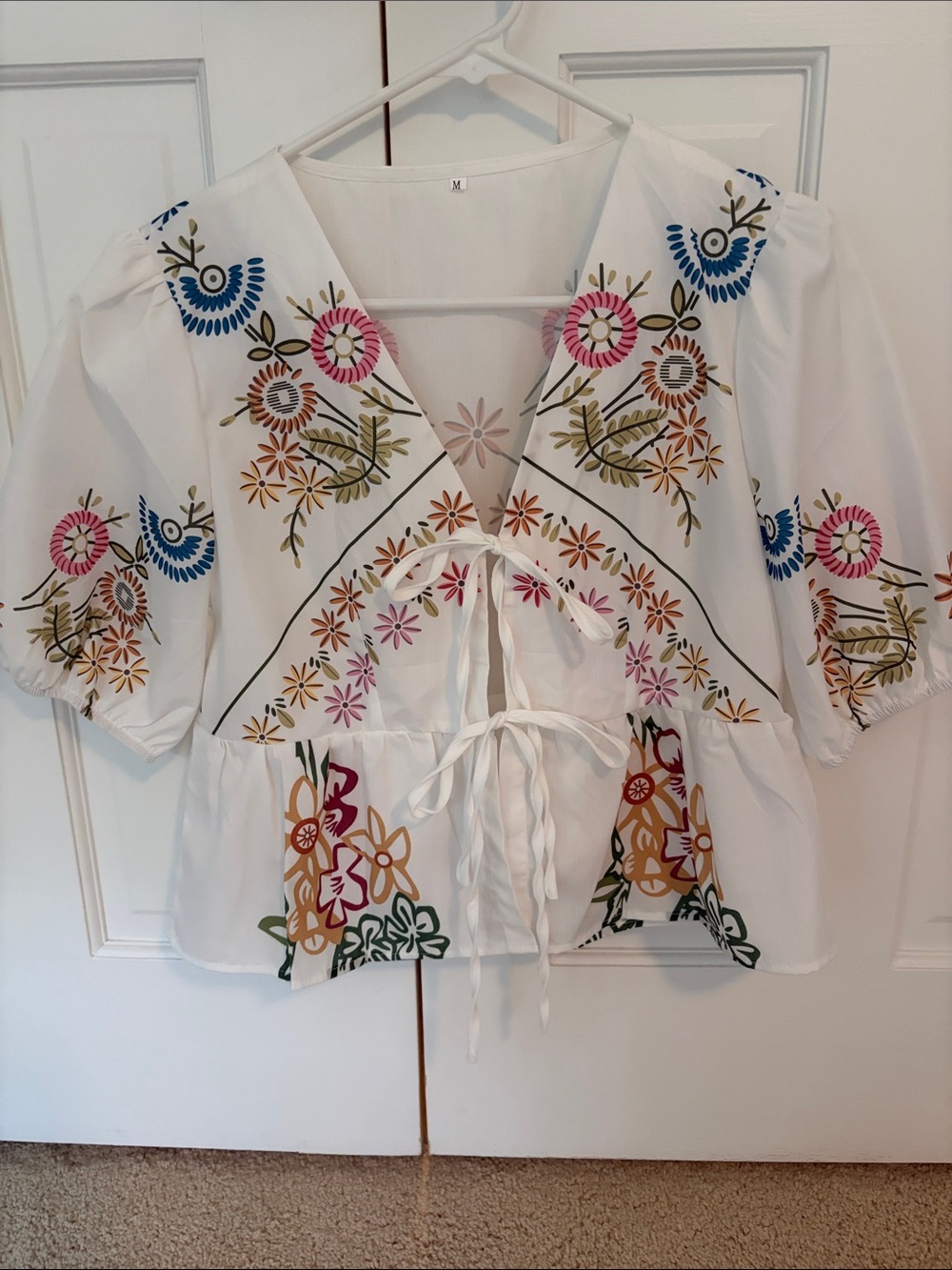 Boho Floral Tie-Front Women's Top - White